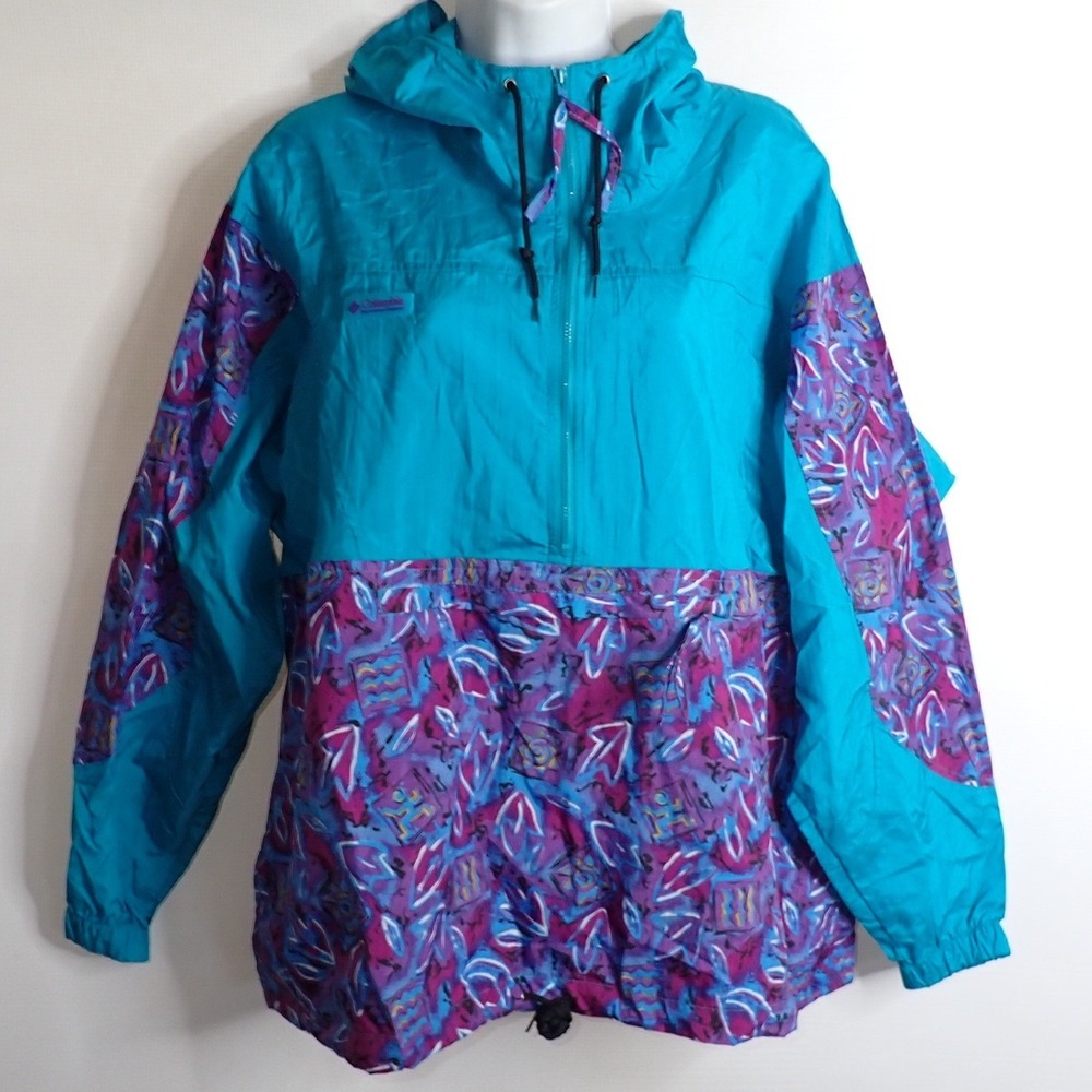 Columbia Womens Vintage 90s Windbreaker Pullover Teal Purple Print Jacket Size L